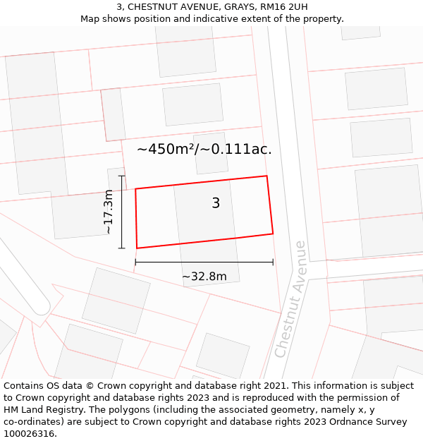 3, CHESTNUT AVENUE, GRAYS, RM16 2UH: Plot and title map