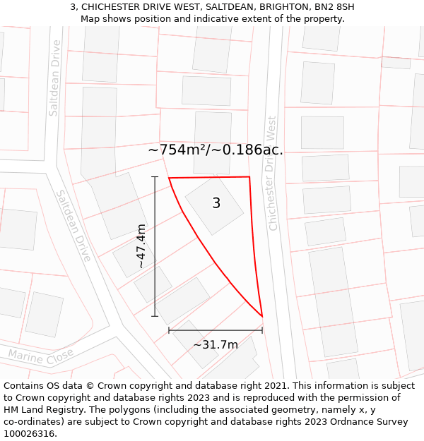 3, CHICHESTER DRIVE WEST, SALTDEAN, BRIGHTON, BN2 8SH: Plot and title map