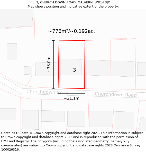 3, CHURCH DOWN ROAD, MALVERN, WR14 3JX: Plot and title map