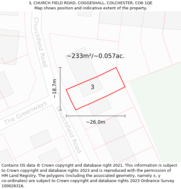 3, CHURCH FIELD ROAD, COGGESHALL, COLCHESTER, CO6 1QE: Plot and title map