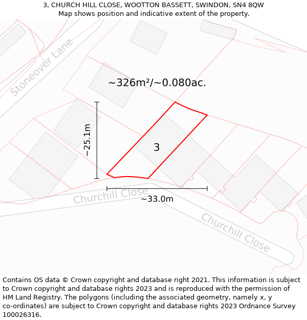 3, CHURCH HILL CLOSE, WOOTTON BASSETT, SWINDON, SN4 8QW: Plot and title map