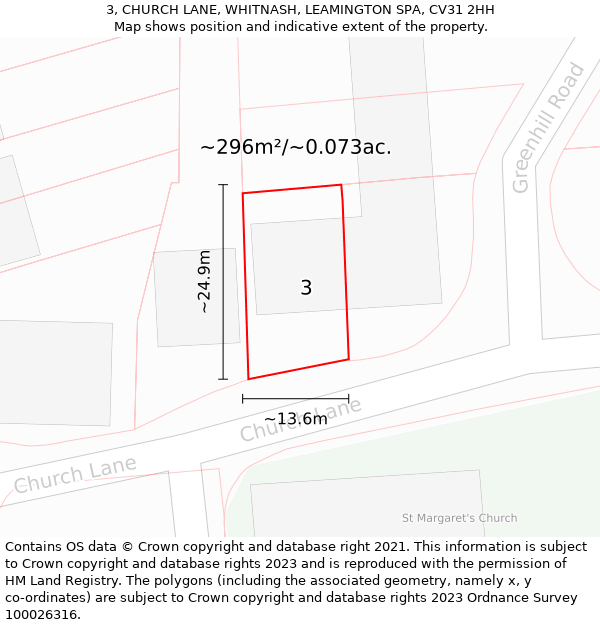 3, CHURCH LANE, WHITNASH, LEAMINGTON SPA, CV31 2HH: Plot and title map