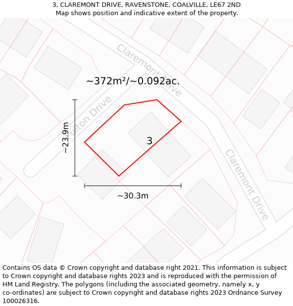 3, CLAREMONT DRIVE, RAVENSTONE, COALVILLE, LE67 2ND: Plot and title map