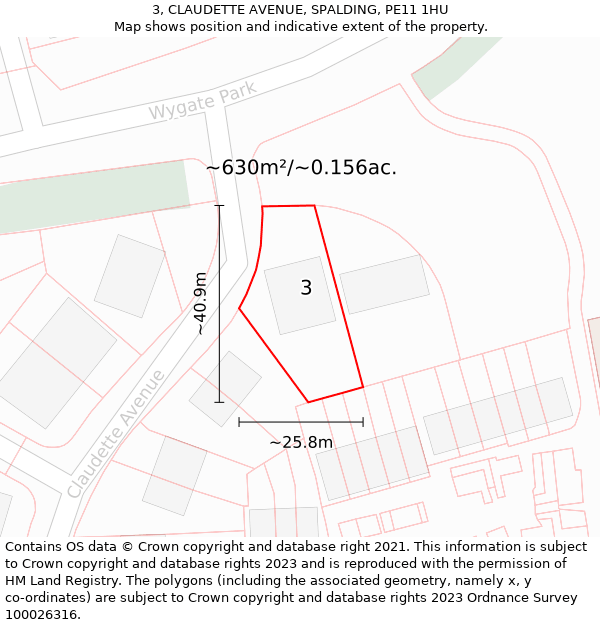 3, CLAUDETTE AVENUE, SPALDING, PE11 1HU: Plot and title map