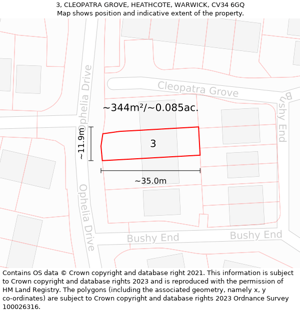 3, CLEOPATRA GROVE, HEATHCOTE, WARWICK, CV34 6GQ: Plot and title map