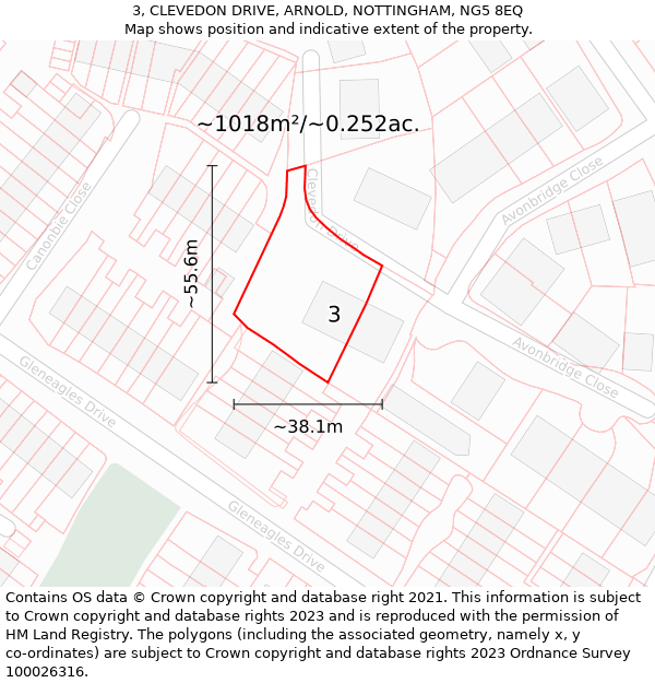 3, CLEVEDON DRIVE, ARNOLD, NOTTINGHAM, NG5 8EQ: Plot and title map