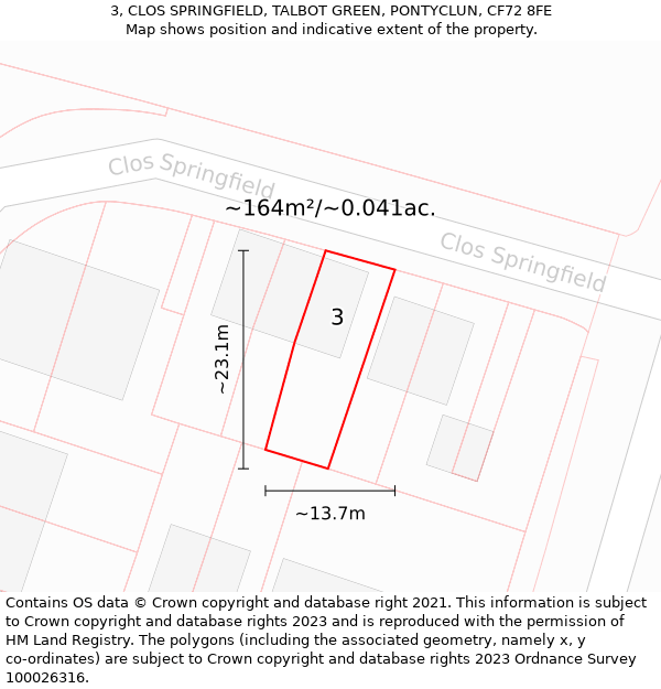 3, CLOS SPRINGFIELD, TALBOT GREEN, PONTYCLUN, CF72 8FE: Plot and title map