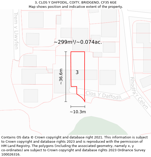 3, CLOS Y DAFFODIL, COITY, BRIDGEND, CF35 6GE: Plot and title map