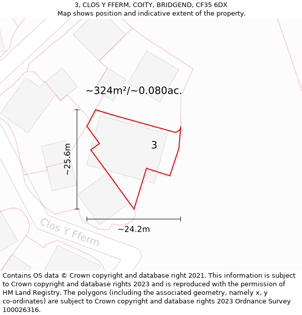 3, CLOS Y FFERM, COITY, BRIDGEND, CF35 6DX: Plot and title map