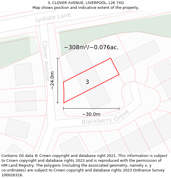 3, CLOVER AVENUE, LIVERPOOL, L26 7XG: Plot and title map