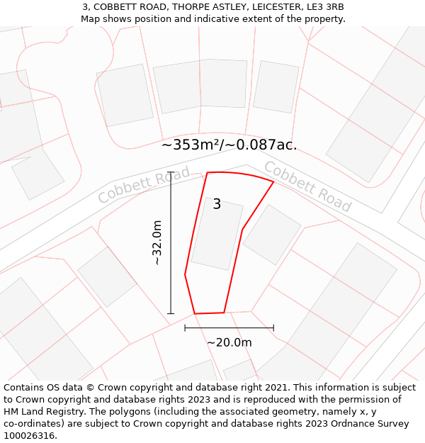 3, COBBETT ROAD, THORPE ASTLEY, LEICESTER, LE3 3RB: Plot and title map