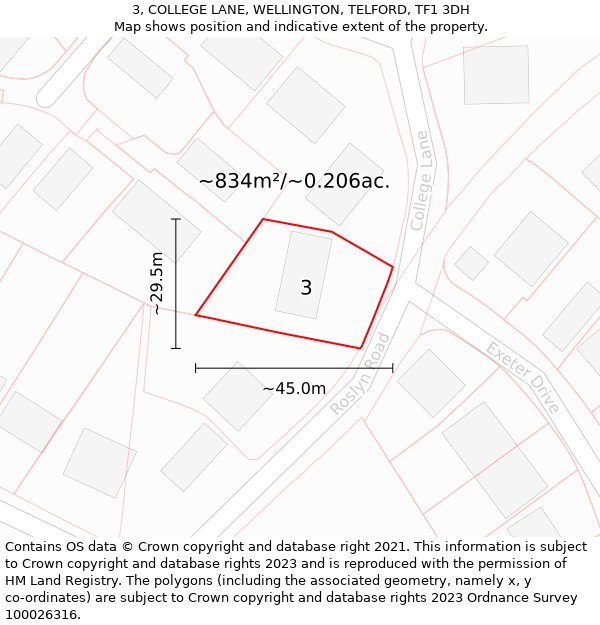 3, COLLEGE LANE, WELLINGTON, TELFORD, TF1 3DH: Plot and title map