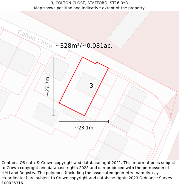 3, COLTON CLOSE, STAFFORD, ST16 3YD: Plot and title map