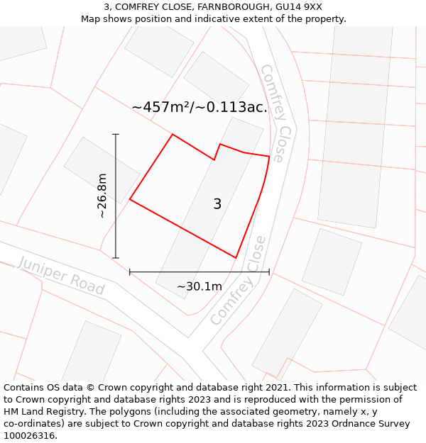 3, COMFREY CLOSE, FARNBOROUGH, GU14 9XX: Plot and title map