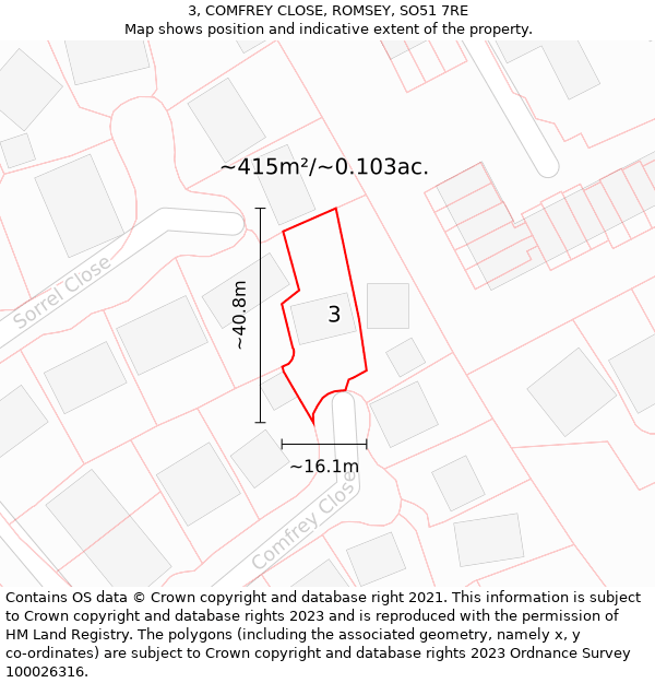 3, COMFREY CLOSE, ROMSEY, SO51 7RE: Plot and title map