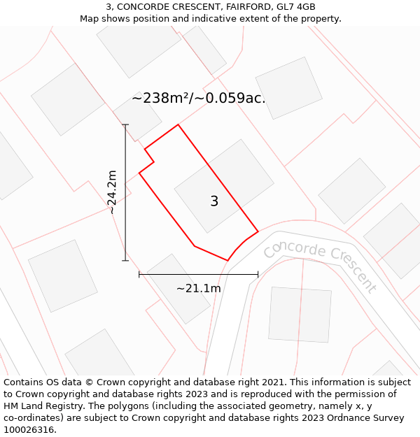 3, CONCORDE CRESCENT, FAIRFORD, GL7 4GB: Plot and title map