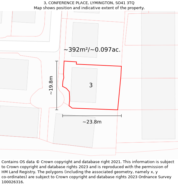 3, CONFERENCE PLACE, LYMINGTON, SO41 3TQ: Plot and title map