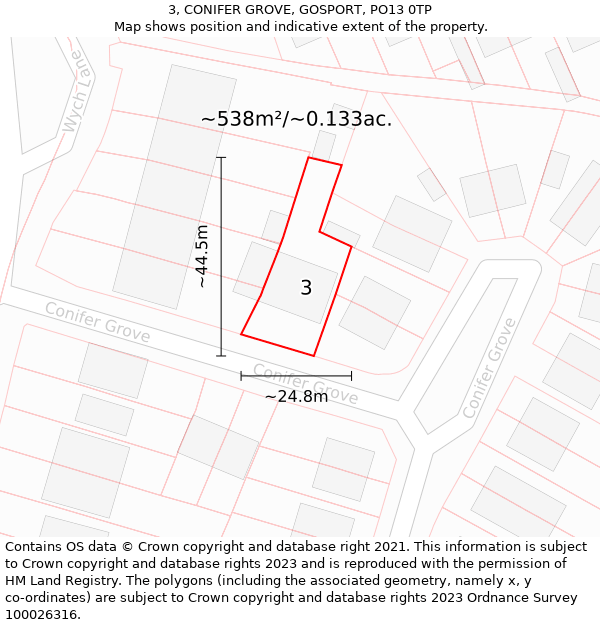 3, CONIFER GROVE, GOSPORT, PO13 0TP: Plot and title map