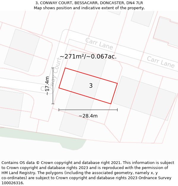 3, CONWAY COURT, BESSACARR, DONCASTER, DN4 7LR: Plot and title map