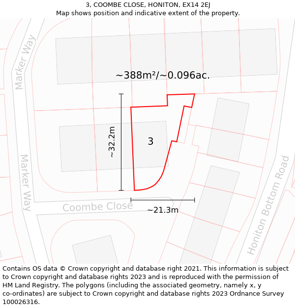 3, COOMBE CLOSE, HONITON, EX14 2EJ: Plot and title map