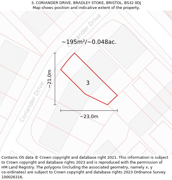 3, CORIANDER DRIVE, BRADLEY STOKE, BRISTOL, BS32 0DJ: Plot and title map