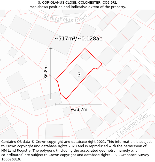 3, CORIOLANUS CLOSE, COLCHESTER, CO2 9RL: Plot and title map