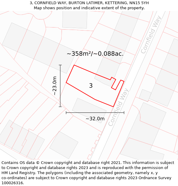 3, CORNFIELD WAY, BURTON LATIMER, KETTERING, NN15 5YH: Plot and title map