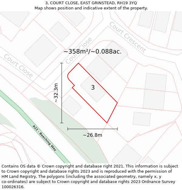 3, COURT CLOSE, EAST GRINSTEAD, RH19 3YQ: Plot and title map