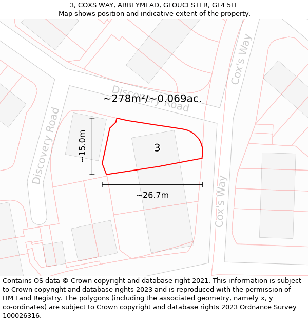 3, COXS WAY, ABBEYMEAD, GLOUCESTER, GL4 5LF: Plot and title map