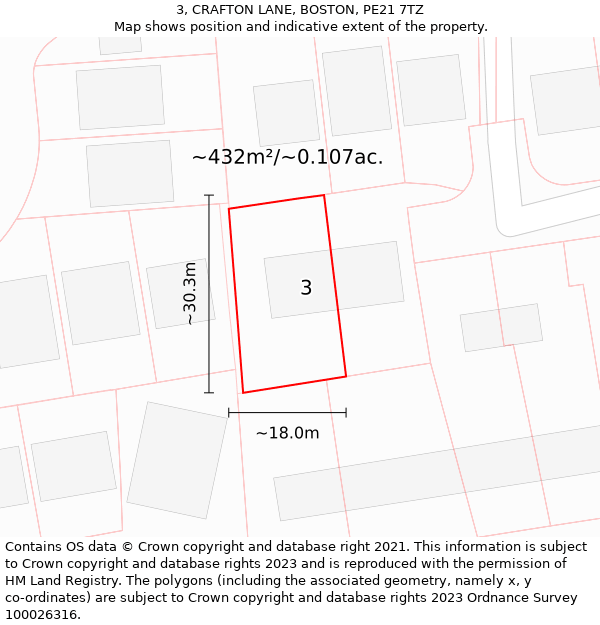 3, CRAFTON LANE, BOSTON, PE21 7TZ: Plot and title map