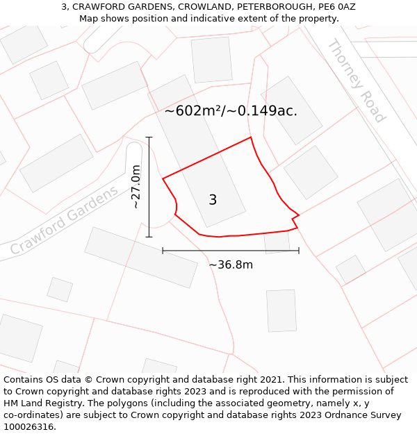 3, CRAWFORD GARDENS, CROWLAND, PETERBOROUGH, PE6 0AZ: Plot and title map