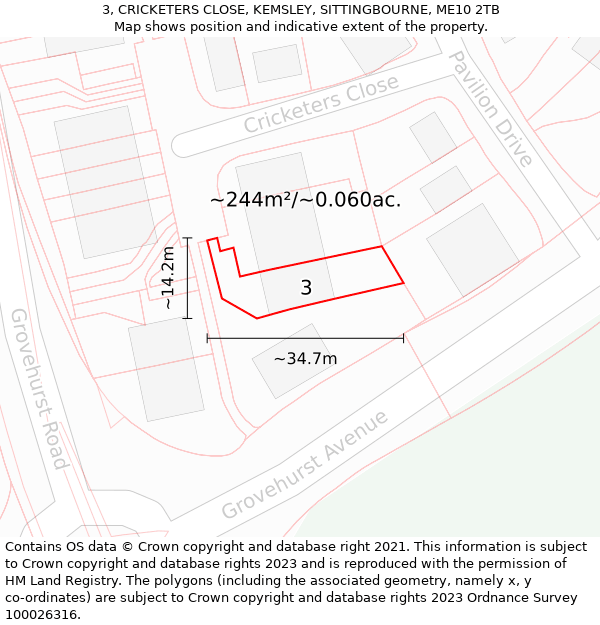 3, CRICKETERS CLOSE, KEMSLEY, SITTINGBOURNE, ME10 2TB: Plot and title map