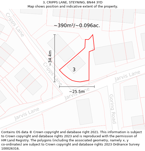 3, CRIPPS LANE, STEYNING, BN44 3YD: Plot and title map