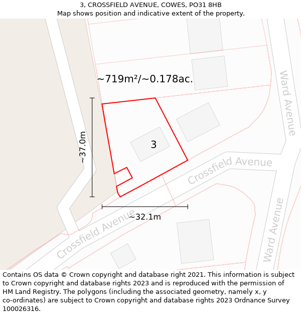 3, CROSSFIELD AVENUE, COWES, PO31 8HB: Plot and title map