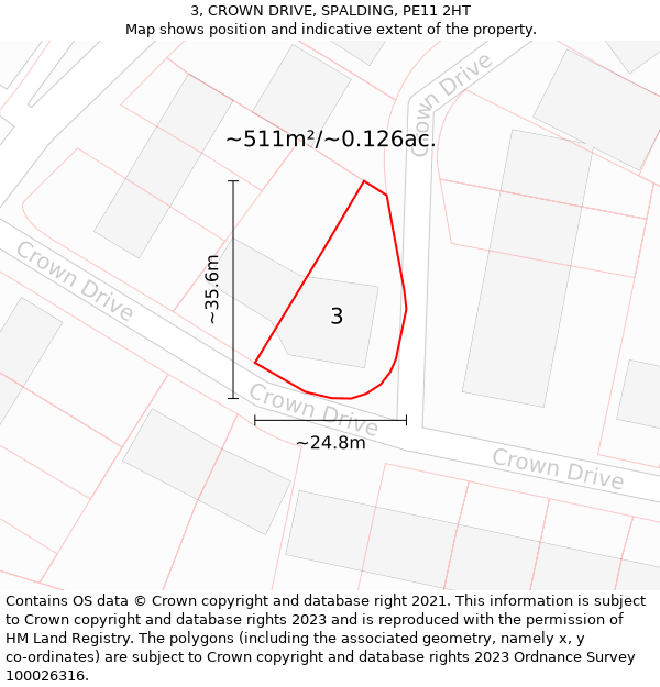 3, CROWN DRIVE, SPALDING, PE11 2HT: Plot and title map