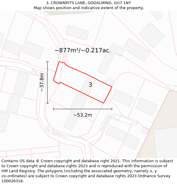 3, CROWNPITS LANE, GODALMING, GU7 1NY: Plot and title map