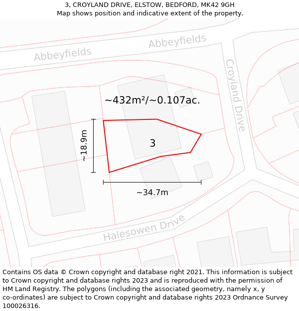 3, CROYLAND DRIVE, ELSTOW, BEDFORD, MK42 9GH: Plot and title map