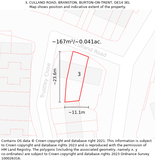 3, CULLAND ROAD, BRANSTON, BURTON-ON-TRENT, DE14 3EL: Plot and title map