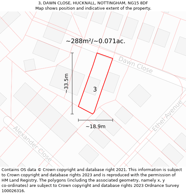 3, DAWN CLOSE, HUCKNALL, NOTTINGHAM, NG15 8DF: Plot and title map