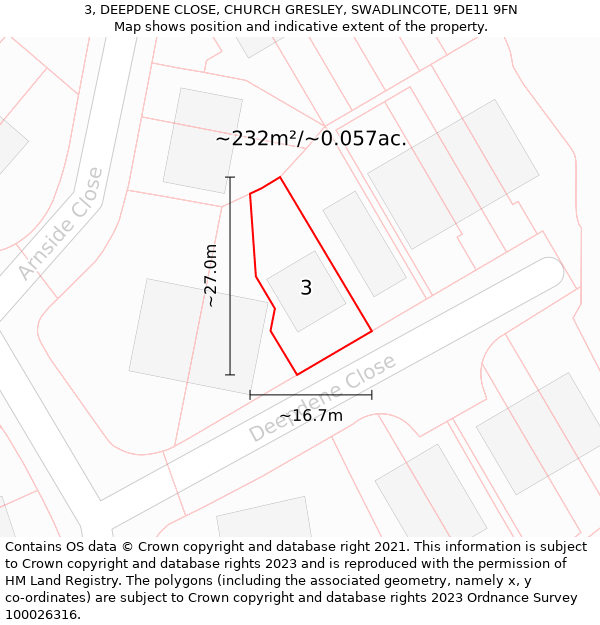 3, DEEPDENE CLOSE, CHURCH GRESLEY, SWADLINCOTE, DE11 9FN: Plot and title map