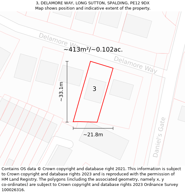 3, DELAMORE WAY, LONG SUTTON, SPALDING, PE12 9DX: Plot and title map