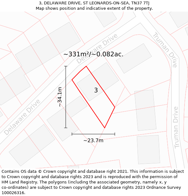 3, DELAWARE DRIVE, ST LEONARDS-ON-SEA, TN37 7TJ: Plot and title map
