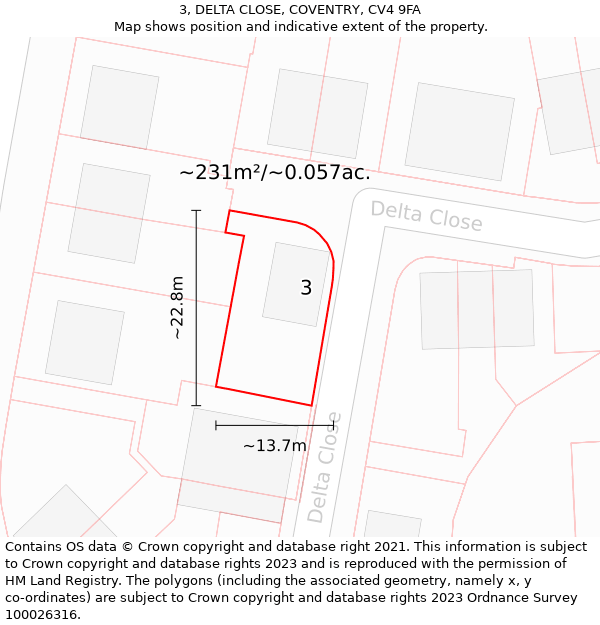 3, DELTA CLOSE, COVENTRY, CV4 9FA: Plot and title map