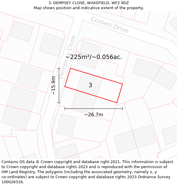 3, DEMPSEY CLOSE, WAKEFIELD, WF2 9DZ: Plot and title map