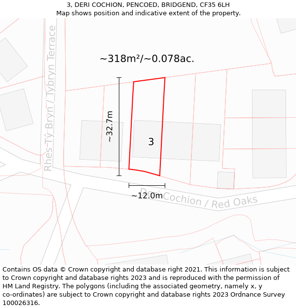 3, DERI COCHION, PENCOED, BRIDGEND, CF35 6LH: Plot and title map