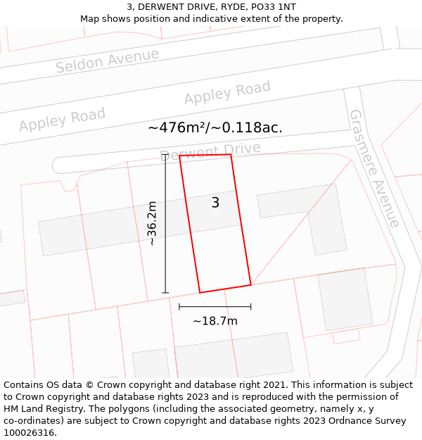 3, DERWENT DRIVE, RYDE, PO33 1NT: Plot and title map