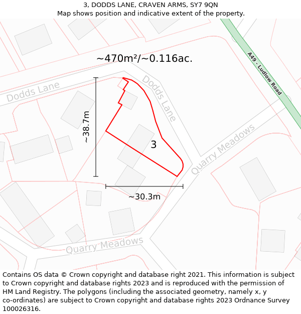 3, DODDS LANE, CRAVEN ARMS, SY7 9QN: Plot and title map