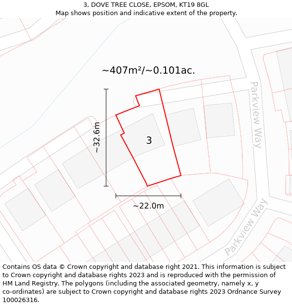 3, DOVE TREE CLOSE, EPSOM, KT19 8GL: Plot and title map