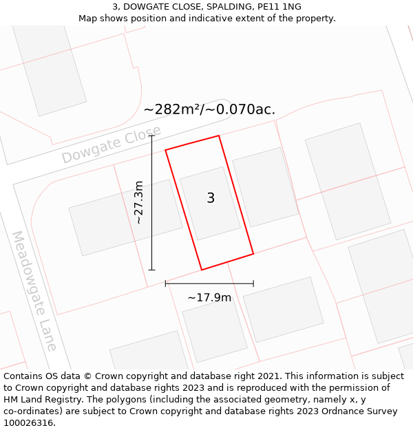 3, DOWGATE CLOSE, SPALDING, PE11 1NG: Plot and title map