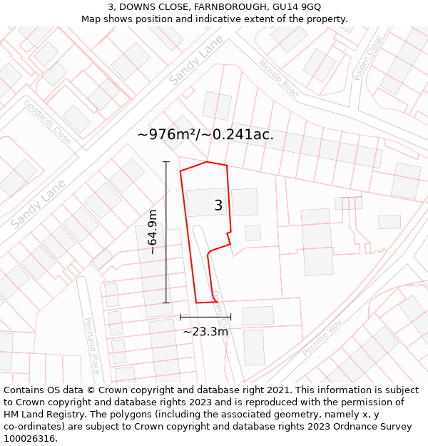 3, DOWNS CLOSE, FARNBOROUGH, GU14 9GQ: Plot and title map